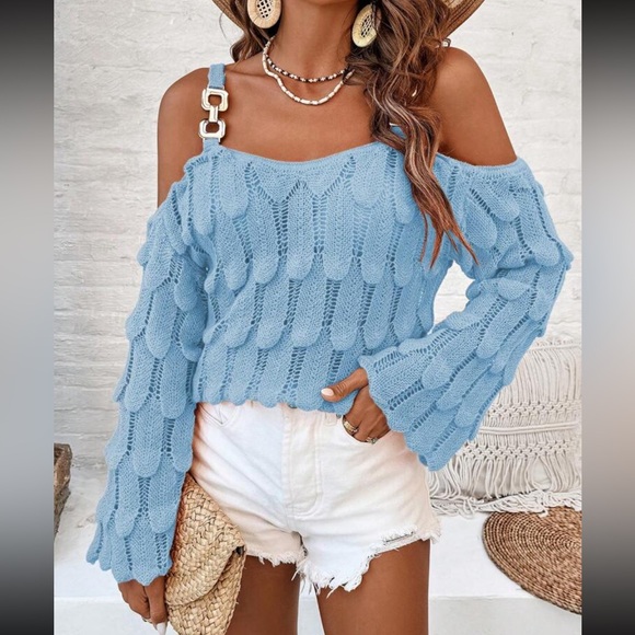 Cozy Boho Off Cold Shoulder Bell Flare Long Sleeve Pointelle Knit Sweater Top - Picture 2 of 13